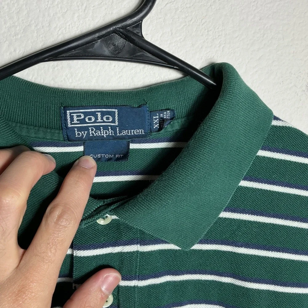 Polo Ralph Lauren‎ Polo Shirt Mens XXL Green White Striped Custom Fit Red Pony